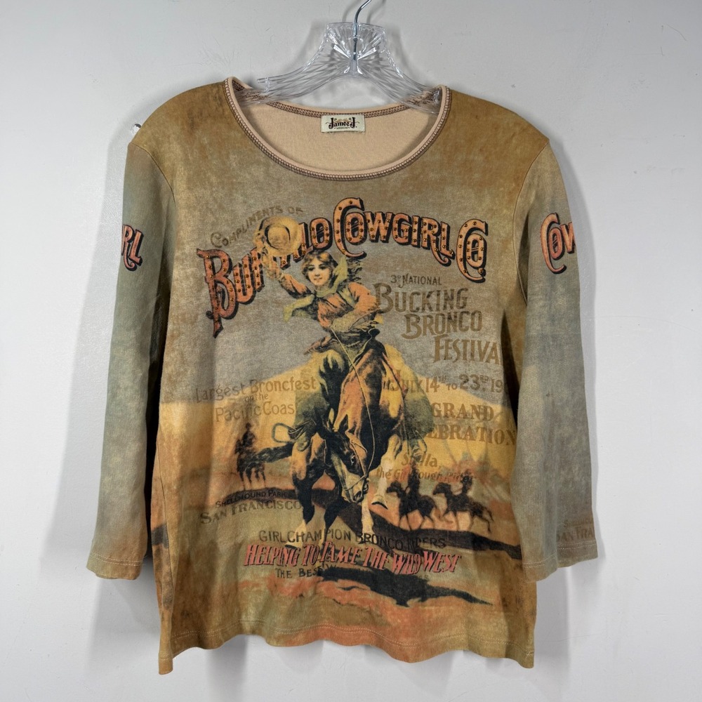 Jamee J Womens Buffalo Cowgirl Co Rhinestone Graphic Top Brown Western Rodeo M